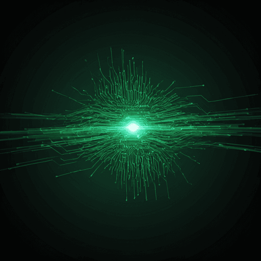 Abstract AI data processing with emerald green light trails