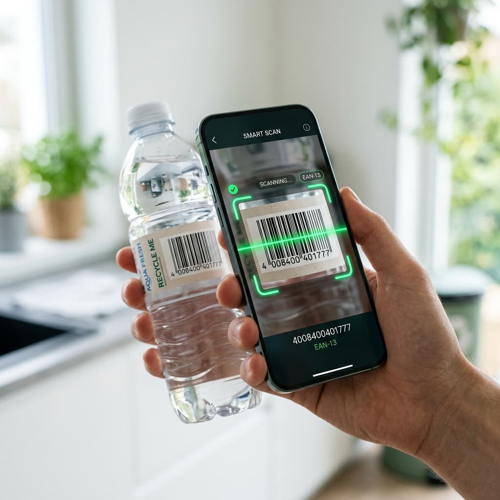 Futuristic digital scanner interface capturing a product barcode